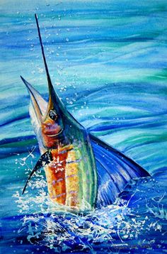 a painting of a marlin fishing in the ocean with a fish on it's back