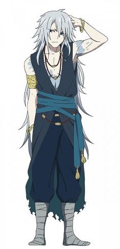 an anime character with long white hair and blue pants, holding his hands behind his head