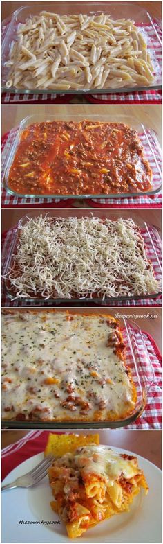 four different types of lasagna casserole in pans on a red and white checkered tablecloth