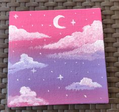 a painting of clouds and the moon on a pink background with white stars in the sky