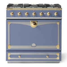 a blue stove with gold trim and knobs on the front, against a white background