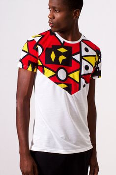 Modern meets traditional! **African inspiration **African patterns **Afrocentric Angolas national fabric print, Samakaka!  White Mens T-Shirt Accent Print Colors: red, yellow, black & white 100% Polyester - Jersey African Shirts Designs, African Print Shirt, African Shirts For Men, Denim Shirt With Jeans, African Clothing For Men, African Shirts, White Polo Shirt, African Men Fashion, Man Fashion