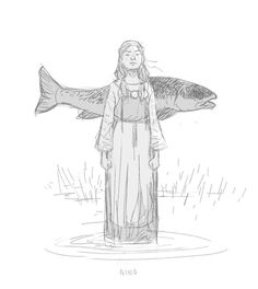 a drawing of a woman holding a fish