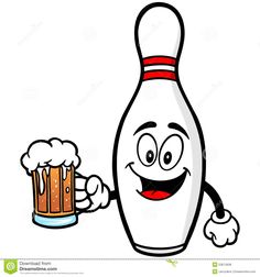 a bowling ball cartoon character holding a mug of beer and giving the thumbs up sign