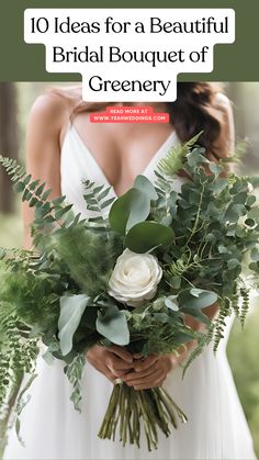 A lush bridal bouquet of greenery featuring elegant eucalyptus, ferns, and other natural foliage, showcasing an eco-friendly and stylish arrangement perfect for a modern wedding. Holly And Ivy Bouquet, Simple Green Bouquet, Woodsy Bridal Bouquet, Greenery Only Bouquet, Sage Green Wedding Flowers Bouquets, All Green Wedding Bouquet, Types Of Greenery For Wedding, Waterfall Bouquet Wedding, Eucalyptus Wedding Party