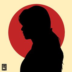 the silhouette of a woman in front of a red sun