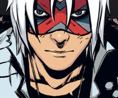 an anime character with white hair and blue eyes wearing red, white and black makeup