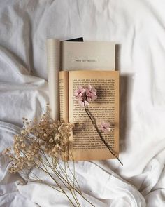 an open book and some flowers on a bed