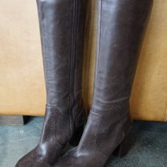 Size 9.5 3.5" Block Heel Zip Up Leather Boots In Dark Brown. Leather Heeled Boots With 4-inch Heel And Square Toe, Leather Boots With 4-inch Heel And Square Toe, Brown Leather Boots With 4-inch Heel, Brown Closed Toe Heeled Boots For Formal Occasions, Leather Heeled Boots With 4-inch Heel And Closed Toe, Formal Leather Boots With 4-inch Heel, Brown Block Heels, Leather Boots Heels, Leather Boot