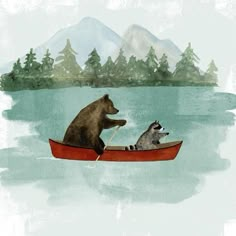 two bears are in a boat on the water