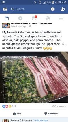 an image of bacon being cooked on the grill with facebook page below it and another photo of bacon cooking on the grill