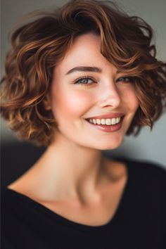 Wavy Bob with Side-Swept Bangs Short Hairstyle. Short Wavy Bangs Hair, Short Wavy Bobs With Bangs, "bixie" Haircut Wavy Hair, Short Wavy Hair Fringe, Short Wavy Hair Side Bangs, Short Wave Hairstyles For Women, Wavey Bob, Wavy French Bob With Bangs