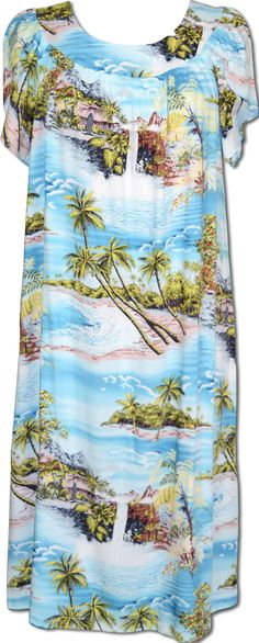 Paradise Island Surf Hawaiian MuuMuu, (Kaftan / Caftan), Pull-Over head House Dress with Petal Sleeves, pocket, Regular & Plus Sizes, tea length Created in Blue and Coral/Orange. Free shipping from Maui, Hawaii.  MauiShirts search box stock number:  W140O-078 Hawaii Dress