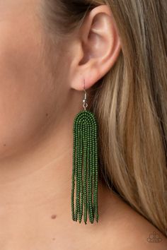 Strands of Olive Branch seed beads gently curve into the arch of a rainbow, resulting in a tasseled bohemian fashion. Earring attaches to a standard fishhook fitting. Sold as one pair of earrings. Cheap Green Beaded Tassel Earrings, Cheap Green Fringe Jewelry, Paparazzi Jewelry Images, Printed Jewelry, The Arch, Black Seed, Rainbow Earrings, Jewelry Images, Paparazzi Accessories