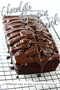 chocolate banana bread on a cooling rack with text overlay that reads, chocolate banana bread