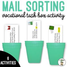 three green plastic containers with the words mail sorting written on them, and an image of two