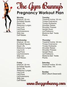 the gym bunny's pregnant workout plan is shown in red and white with an image of