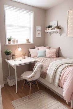 a small bedroom with a bed, desk and chair in the corner next to a window