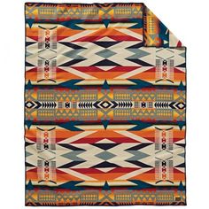 an orange, blue and black bed spread with geometric designs on it's sides