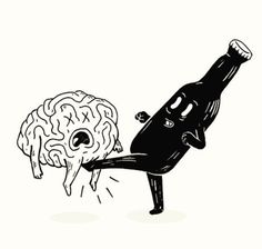 an image of a man kicking a bottle with his head in the air and brain behind him