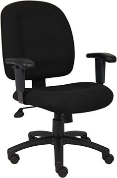 an office chair with black fabric upholstered to the back and arms, viewed from the front