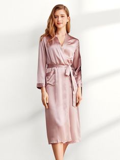 #color_darkpink Elegant Pink Silk Sleepwear, Long Sleeve Silk Robe For Home, Silk Long Sleeve Home Robe, Long Sleeve Silk Robe, Elegant Long Sleeve Robe For Sleepover, Pink Long Sleeve Satin Robe, Long Sleeve Satin Kimono For Loungewear, Pink Silk Sleepwear For Loungewear, Pink Silk Long Sleeve Sleepwear