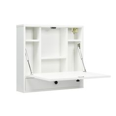 a white shelf with two open shelves on it