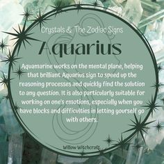 aquarius zodiac sign surrounded by crystal rocks and other crystals with caption about aquarius