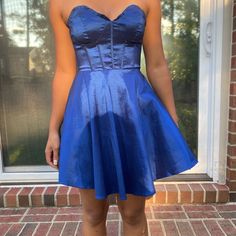 Size 3-4/ Small, In Good Condition Worn Once Blue Fitted A-line Strapless Dress, Blue Strapless Dress With Sweetheart Neckline, Blue Strapless Dress For Homecoming Prom Season, Spring Blue Mini Dress With Fitted Bodice, Blue Fitted Strapless Dress For Party, Blue Fitted Strapless Dress For Prom Season, Blue Sleeveless Mini Dress For Prom, Blue Fitted Strapless Party Dress, Fitted Royal Blue Mini Dress For Prom