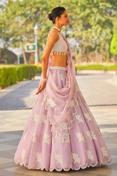 Buy Purple Lehenga And Dupatta Organza Hand Scallop Hem Work Set For Women by Vvani by Vani Vats Online at Aza Fashions. Sagai Outfit Indian Weddings, Flower Lehenga, Lilac Lehenga, Pearl Blouse, Appliqué Flowers, Pearl Border, Pearl Tassels