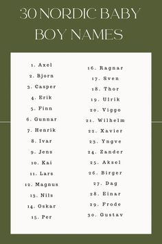 the 30 nordic baby boy names are shown in green and white, along with an image of