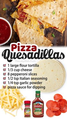 an advertisement for pizza quesadillas on a cutting board with ingredients to make it