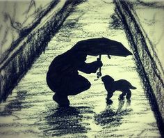 a drawing of a person holding an umbrella with a dog in the rain next to them