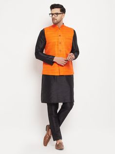 VM BY VASTRAMAY Men's Orange Matka Silk Nehru Jacket With Black Silk Blend Kurta and Pant style Pyjama Set Make a sophisticated statement in this vibrant ensemble from VM BY VASTRAMAY. The set features a luxurious orange Matka silk Nehru jacket, complemented by a classic black silk blend kurta and comfortable pant-style pyjamas. Key Features: Orange Matka Silk Nehru Jacket - Luxurious and breathable fabric. Black Silk Blend Kurta - Classic and comfortable design. Pant Style Pyjama - Relaxed fit Long Sleeve Nehru Jacket For Eid Workwear, Suit For Men Stylish, Style Pant, Nehru Jacket, Nehru Jackets, Kurta Pajama, Comfortable Design, Fabric Black, Pajama Bottoms