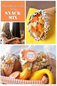 thanksgiving day snack mix in a basket with oranges, bananas and other food items