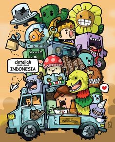 an image of cartoon characters in the back of a truck with caption that reads, cintaliah indonesia