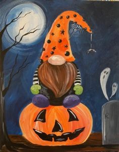 Halloween Gnome Halloween Gnome Painting Canvas, Gnomes Painting, Easy Halloween Paintings, Painted Gnomes, Seasonal Gnomes, Halloween Canvas Paintings, Gnome Paint, Fall Canvas