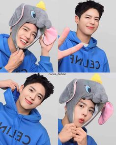 four pictures of a man wearing an elephant hat