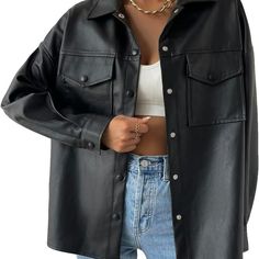 Black Leather Shacket Size Small But Oversized Bought At A Small Boutique Lining Inside Is Suede Like So Its Warm Nwot Black Suede Jacket Outfit, Black Suede Jacket, Motorcycle Jacket Women, Custom Made Clothing, Vintage Long Sleeve, Jacket Outfit, Casual Vest, Pocket Jacket, Jacket Vintage