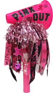 Pink Out Megaphone Spirit Stick More Spirit Stick Ideas, Spirit Stick Ideas Diy, Pink Out Cheer, Cheer Awards, Cheer Spirit Sticks, Spirit Stick, Homecoming Spirit Week, Spirit Sticks, Homecoming Spirit