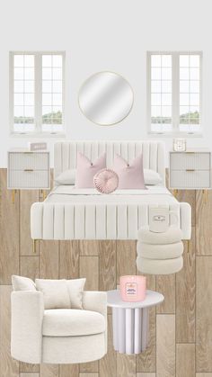 a bedroom with white furniture and wood flooring is shown in this graphic style image