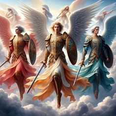 three angels are standing on top of the clouds with swords in their hands and wings outstretched