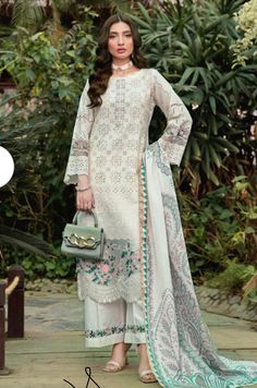 Pieces: 3 Embroidered chikenkari shirt with embroidered lace patch  Embroidered straight pants  Printed dupatta Lawn Design, Pakistani Lawn Suits, Lawn Shirts, Pakistani Wedding Dresses, Embroidered Neckline, Suit Fabric, Silk Dupatta, Fabric Stores Online, Print Chiffon