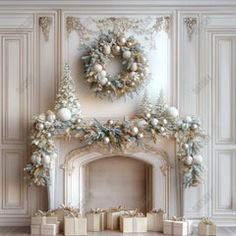 an ornate fireplace decorated with christmas decorations and presents in front of a wreath on the mantle