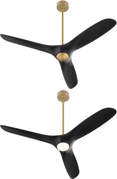 two black and gold ceiling fans with light bulbs on each one, in the shape of an airplane