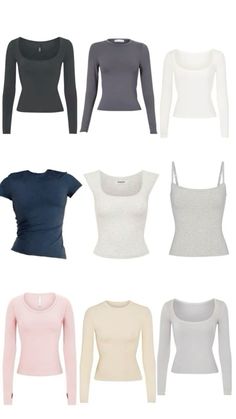 six different types of women's long sleeved shirts in various colors and sizes