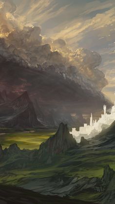 a painting of a castle in the middle of a mountain range under a cloudy sky