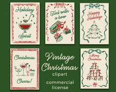 six christmas cards with different designs on them, including the words'vintage christmas clipart '