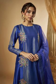 Buy Blue Pure Chanderi Silk Embroidered Floral Buttas Round Hand Kurta Sharara Set For Women by The Aarya Online at Aza Fashions. Blue Sharara With Resham Embroidery For Party, Blue Bollywood Straight Kurta Set, Blue Unstitched Saree Sets, Blue Fitted Sharara With Resham Embroidery, Fitted Blue Sharara With Resham Embroidery, Blue Fitted Sharara For Diwali, Fitted Blue Sharara For Diwali, Blue Unstitched Set With Traditional Drape, Unstitched Blue Sets In Traditional Drape