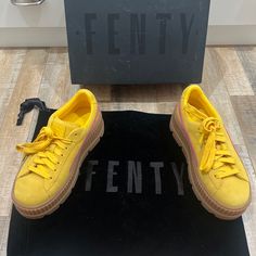 Questions? Leave A Comment Below! Designer Tennis Shoes Includes Puma Velvet Dust Bag And Original Box. Nwb Yellow Low-top Puma Sneakers, Yellow Lace-up Puma Sneakers, Designer Tennis Shoes, Fenty Puma Shoes, Nike Cortez Vintage, Suede Creepers, Puma X Fenty, Trail Shoes Women, Vans Checkered